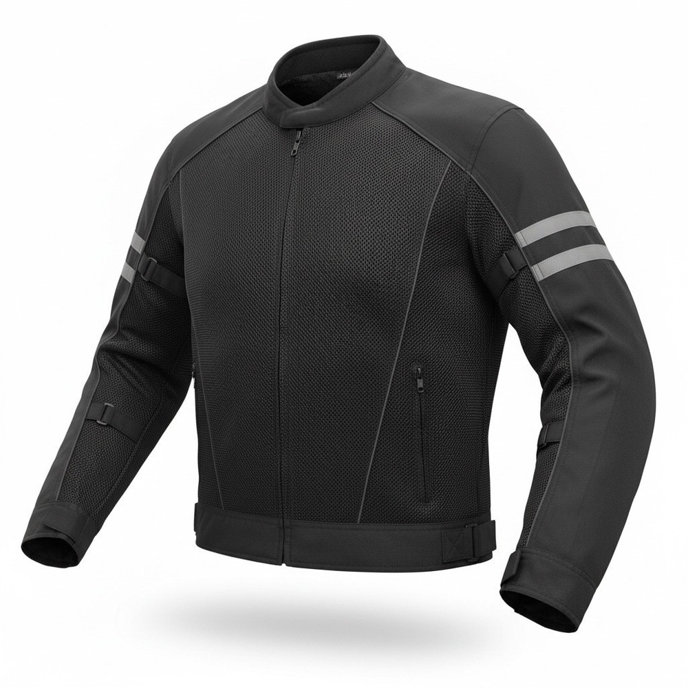 Black Brand Mens Mesh Motorcycle Jacket Black Reflective Stripe Size L Large